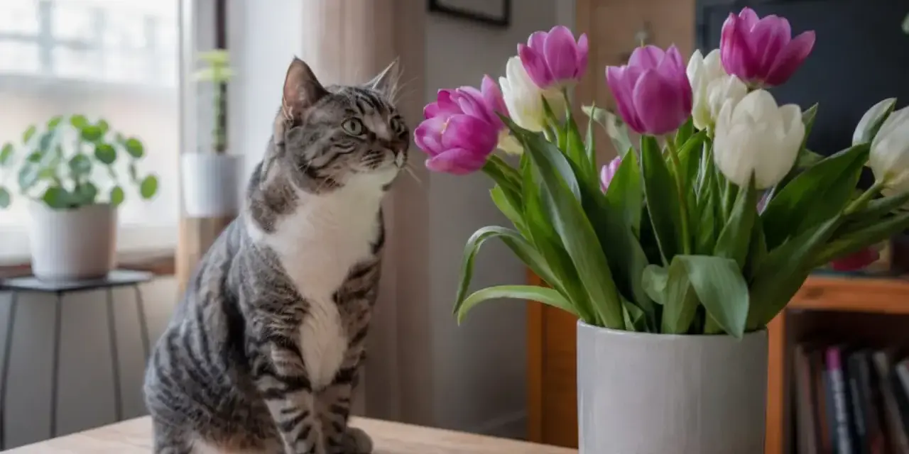 Kot wpatruje się w bukiet tulipanów. Czy tulipany są trujące dla kota? Warto wiedzieć, że tak, są toksyczne dla kotów.