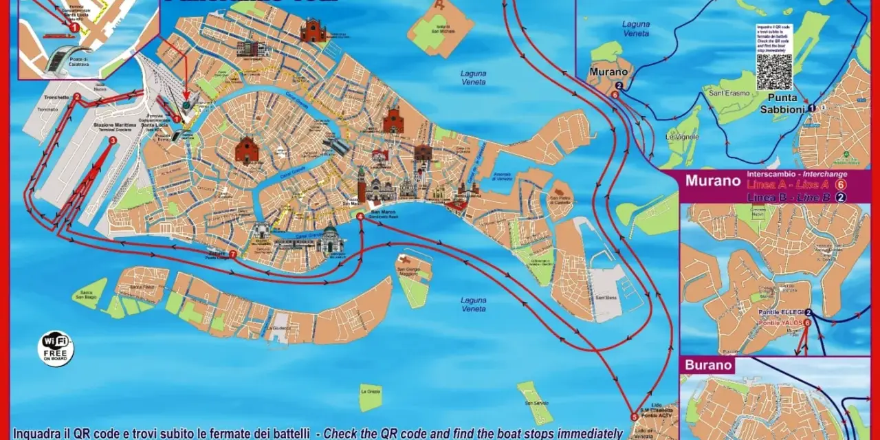 Mappa di Venezia con itinerari hop on hop off: Linea A (San Marco-Lido-Murano) e Linea B (Murano-Torcello-Burano).