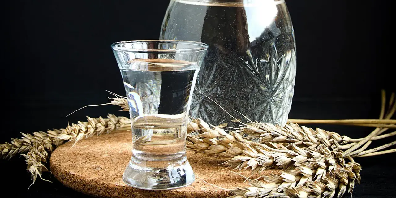Klares Glas mit Wodka, daneben eine Karaffe und Ähren. Die Zutaten für die Wodka Herstellung sind sichtbar.
