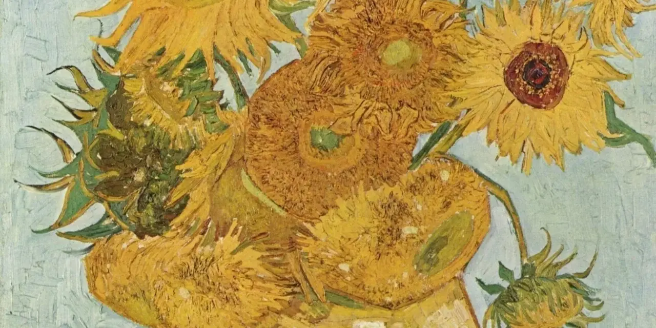 Un bouquet de tournesols éclatants dans un vase, œuvre d'un peintre post impressionniste. Les textures vibrantes et les couleurs chaudes évoquent la lumière du sud.