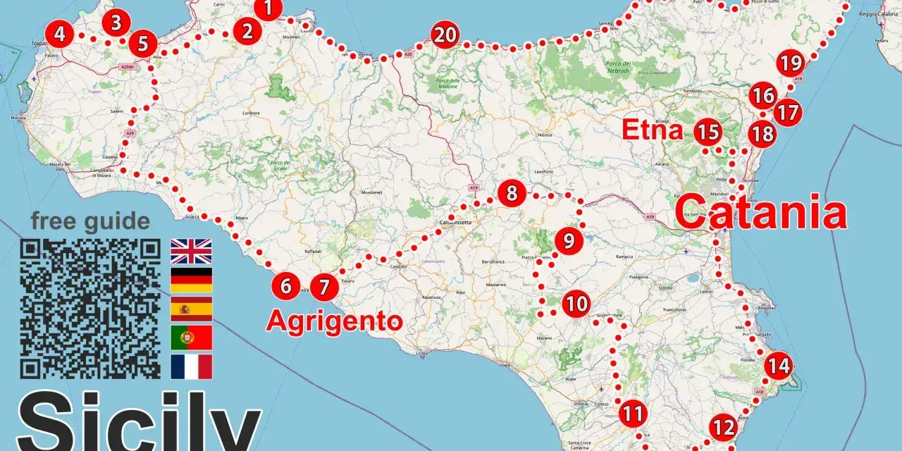 Mapa Sycylii z zaznaczoną trasą podróży po Europie. Punkty od 1 do 20 pokazują ciekawe miejsca.