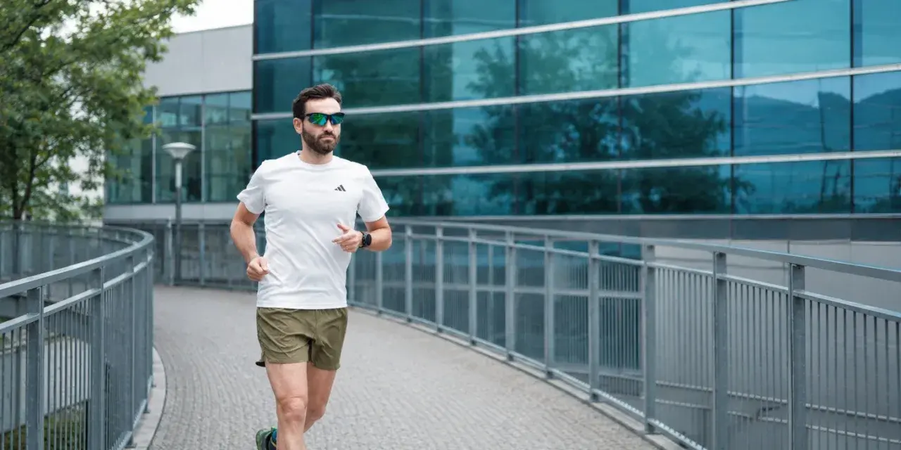 Uomo con barba corre su un ponte moderno, mostrando cos'è il running: libertà e benessere tra architettura e natura.
