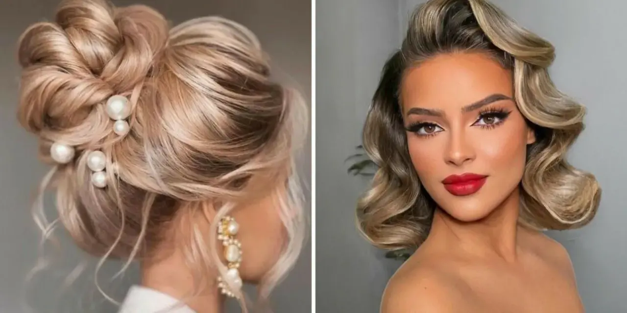 Eleganckie fryzury na wesele jako gość: upięcie z perłami i fale w stylu retro. Idealne na ślubną uroczystość.