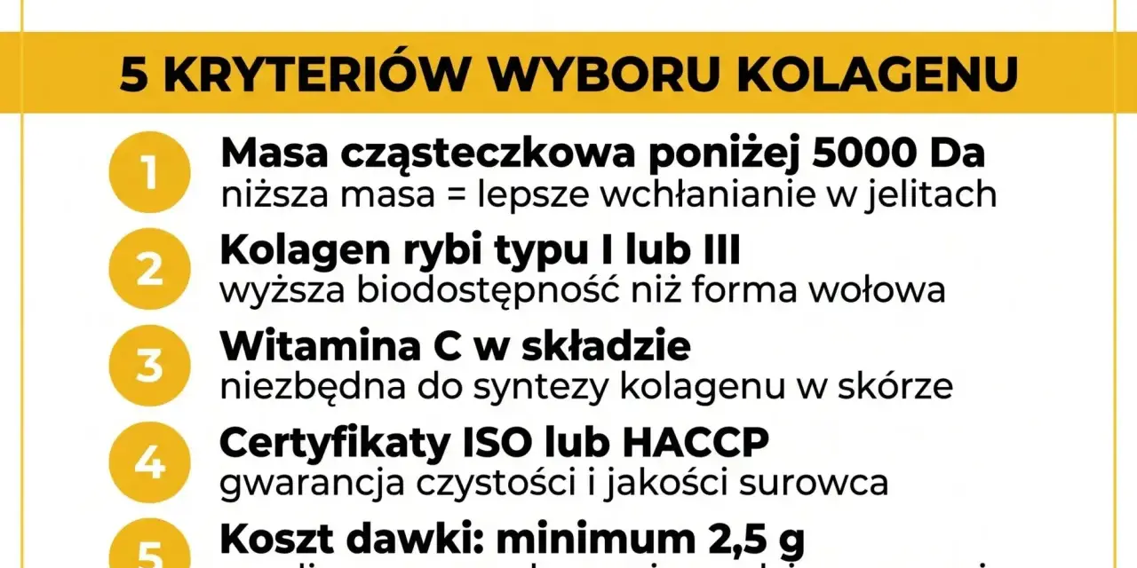 5 kryteriów wyboru kolagenu: masa cząsteczkowa, kolagen rybi, witamina C, certyfikaty, koszt dawki. Poznaj efekty stosowania kolagenu rybiego.