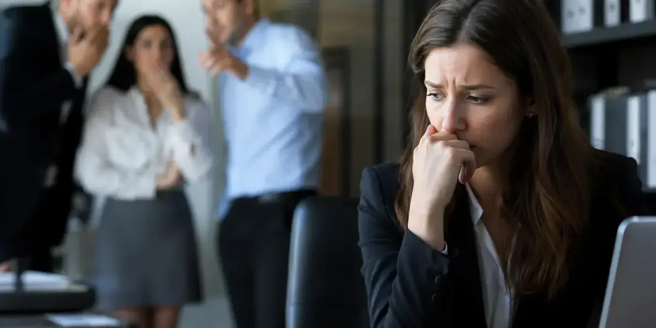 Une femme est visiblement affectée par des commérages au bureau, mon ancien employeur nuit à ma réputation.