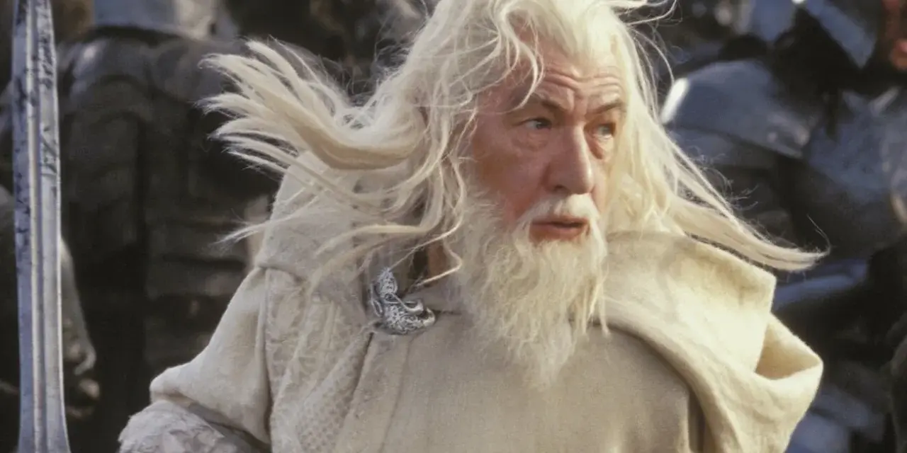 Gandalf z długą, siwą brodą i włosami, w białym płaszczu, gotowy do walki.