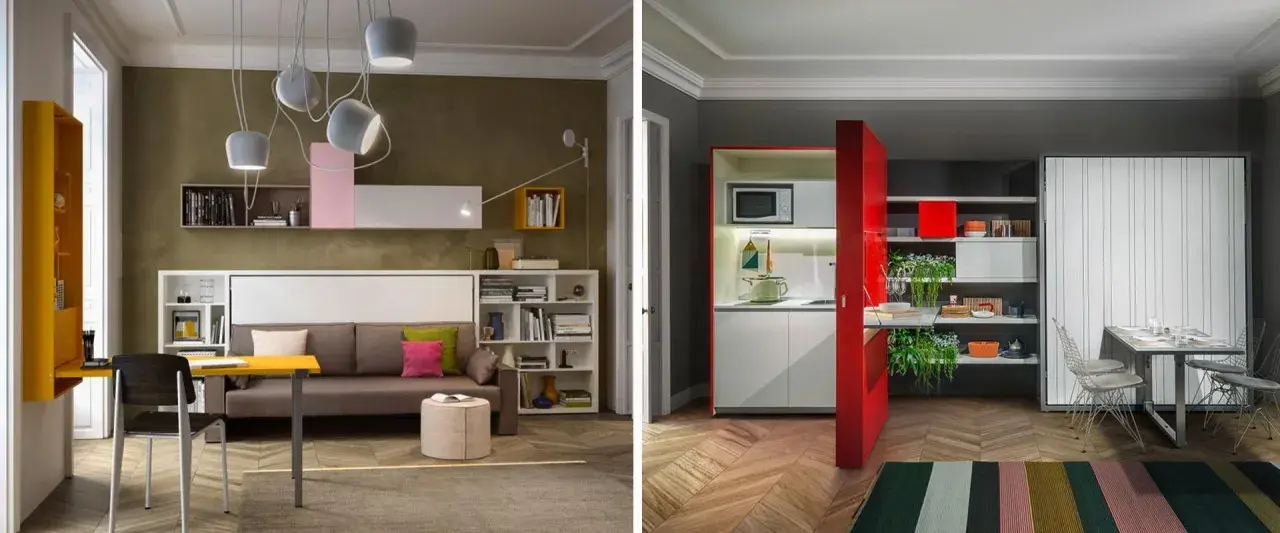 Idee progetto casa 45 mq: soggiorno con divano letto, scrivania a scomparsa e cucina compatta.