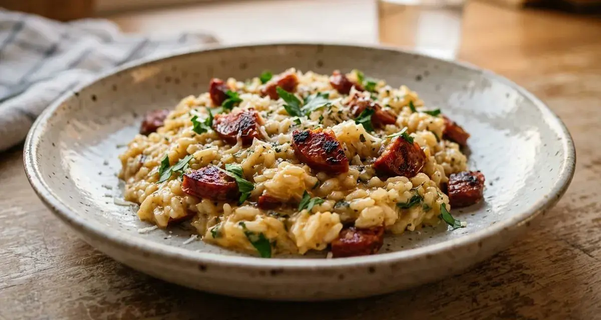 Risotto z chorizo i natką pietruszki na talerzu, z widokiem na okno.