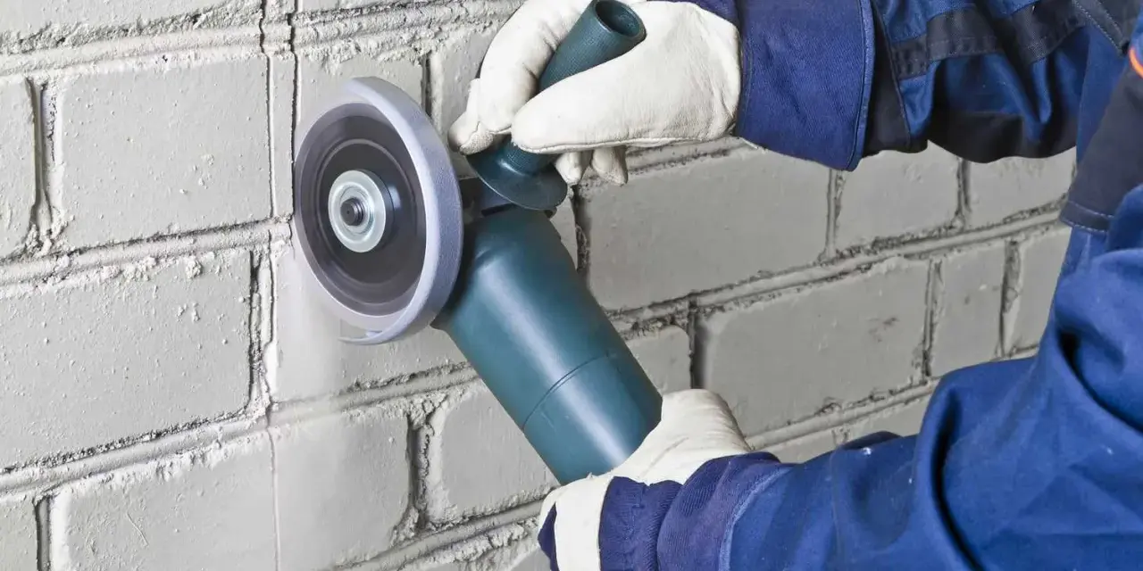 Hands in gloves use an angle grinder to cut a line into a white brick wall, demonstrating how to cut brick precisely.