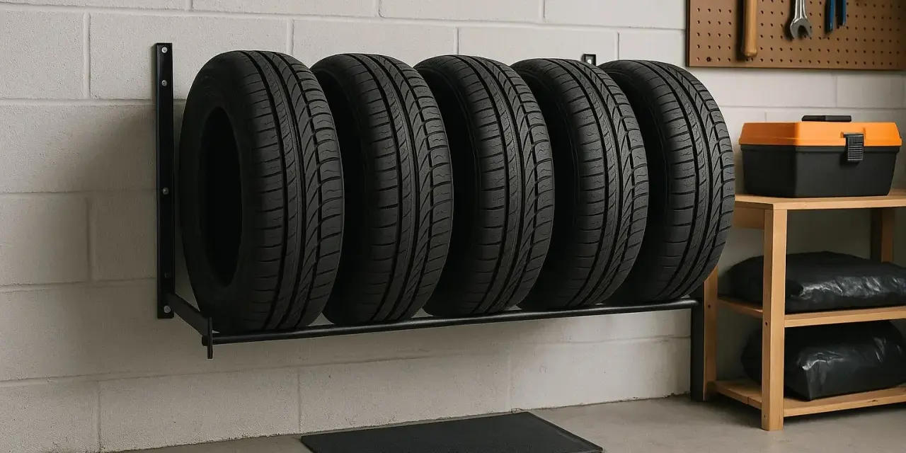 Cinque pneumatici da auto sono disposti su un supporto a muro. Sullo scaffale a destra, una cassetta degli attrezzi arancione e nera e due sacchi neri.