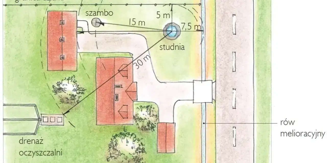Schemat działki z domami, szambem, drenażem oczyszczalni i studnią. Widać odległości od budynków i granicy działki.