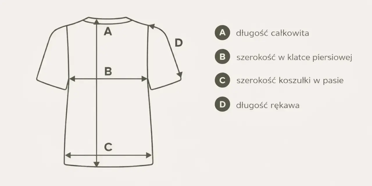 Schemat wymiarów koszulki męskiej. Litery A, B, C, D oznaczają długość całkowitą, szerokość w klatce, szerokość w pasie i długość rękawa. Idealne dla rozmiaru 52 męski.