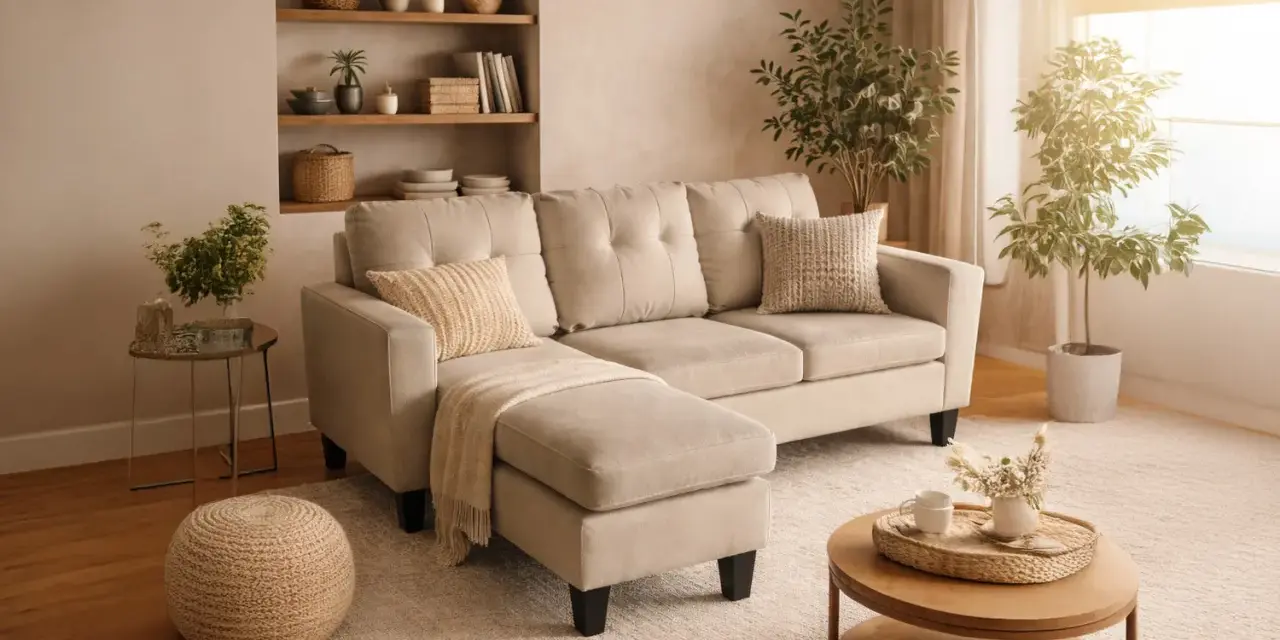 Un salon cosy avec un canapé d'angle beige, des coussins texturés, une couverture jetée et des plantes. La dimension canapé est parfaite pour ce coin détente.