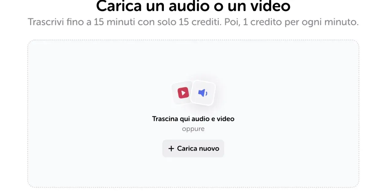 Area per caricare audio o video per sbobinare file audio. Trascrivi fino a 15 minuti con 15 crediti.