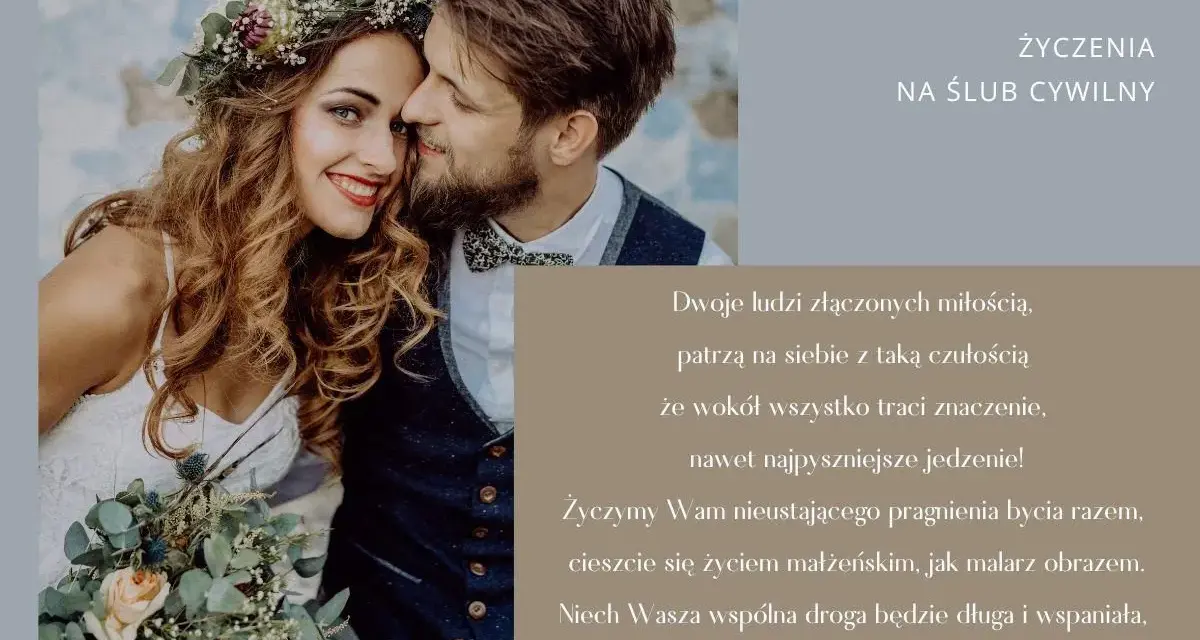 Para młoda wiankiem z kwiatów i bukietem, uśmiechnięta. Krótkie cytaty ślubne o miłości i wspólnej drodze.