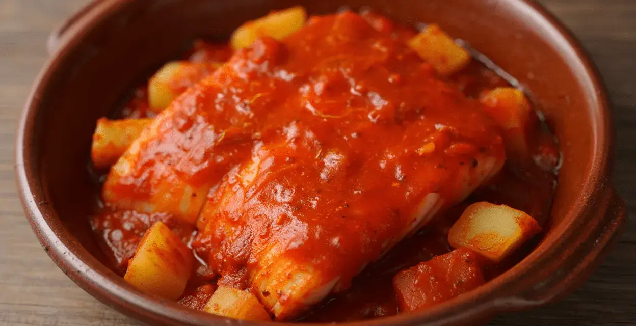 Bacalao a la riojana, un plato tradicional con trozos de patata y pimiento en una salsa roja sabrosa, servido en cazuela de barro.