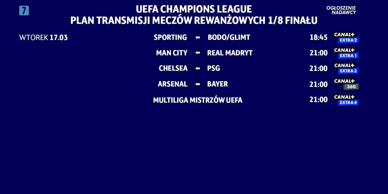 Plan transmisji meczów rewanżowych 1/8 finału Ligi Mistrzów UEFA: Sporting - Bodo/Glimt, Man City - Real Madryt, Chelsea - PSG, Arsenal - Bayer. Kiedy gra liga mistrzów, emocje gwarantowane!