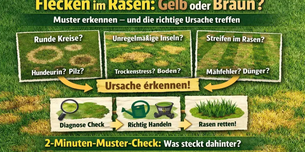 Helle Flecken im Rasen: runde Kreise, Inseln oder Streifen? Die Grafik zeigt Ursachen wie Hundeurin, Trockenstress oder Mähfehler und wie man den Rasen rettet.