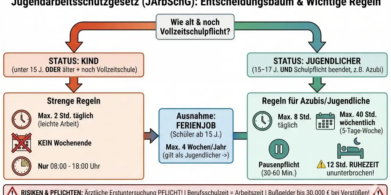Entscheidungsbaum zum Jugendarbeitsschutzgesetz: Kinder (max. 2 Std. täglich, kein Wochenende) vs. Jugendliche (max. 8 Std. täglich, 40 Std. wöchentlich). Beachtet das Jugendschutzgesetz Arbeitszeiten.