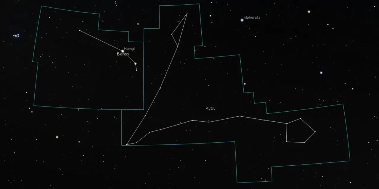 Gwiazdozbiory Ryby i Baran na nocnym niebie. Baran, jeden ze znaków zodiaku, znajduje się na lewo od Ryb.