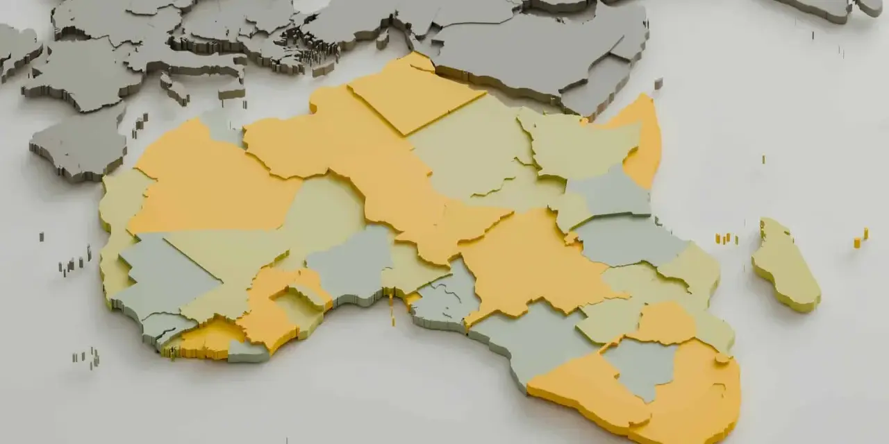Mapa Afryki z zaznaczonymi regionami w kolorach żółtym i zielonym. Kontynent sąsiaduje z Europą.