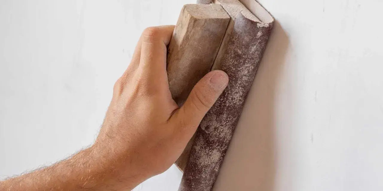Mano lijando una pared con lija para pared y bloque de madera.