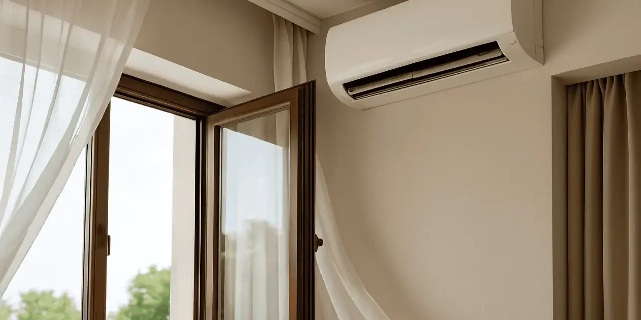 Cortina blanca ondea por una ventana abierta, creando una **corriente de aire** que se mezcla con el aire fresco del exterior.