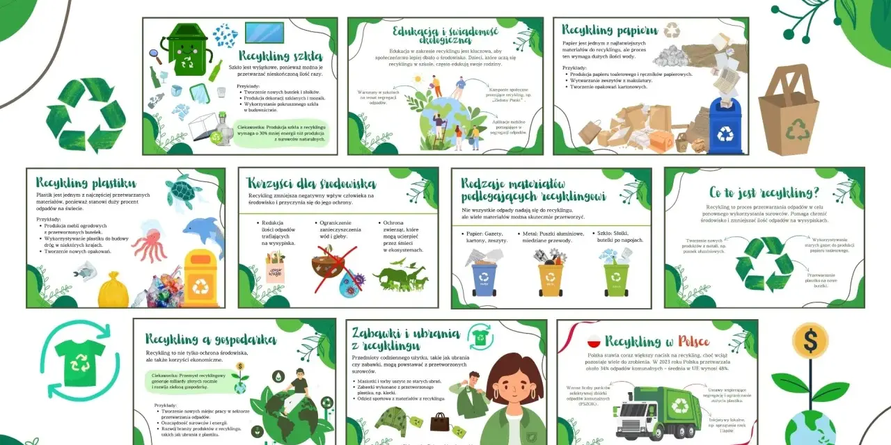 Recykling przykłady: szkło, papier, plastik, metal, ubrania. Edukacja ekologiczna, korzyści dla środowiska i gospodarki. Polska stawia na recykling.