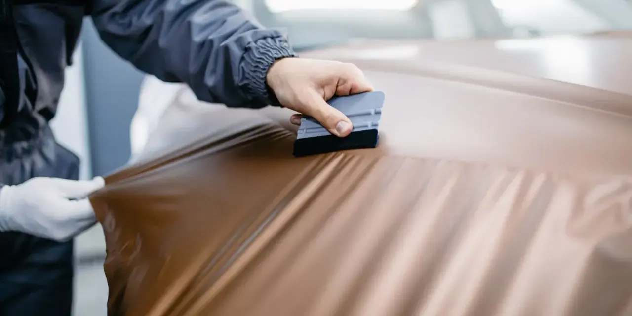Applying a bronze vinyl wrap to a car hood, showing the process of how to wrap a truck for a custom look.