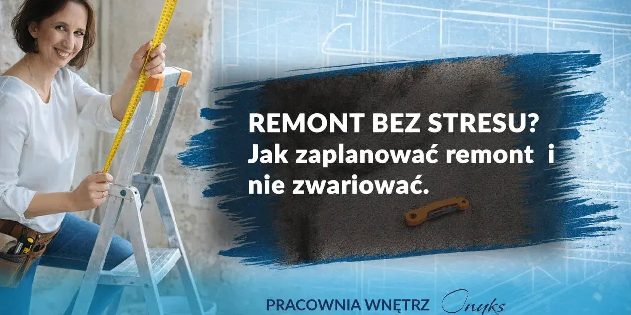 Kobieta z miarką na drabinie planuje remont mieszkania w bloku. Tekst: "Remont bez stresu? Jak zaplanować remont i nie zwariować.