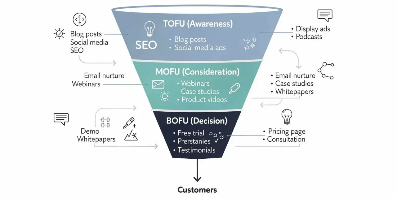 Embudo de marketing: TOFU (conciencia), MOFU (consideración) y BOFU (decisión). Contenido: blog, SEO, webinars, demos, etc.