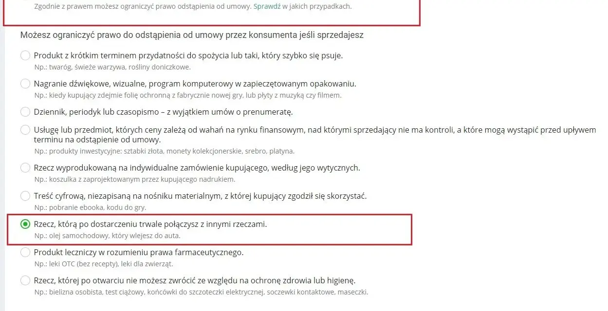Zaznaczony punkt dotyczący ograniczeń w odstąpieniu od umowy Allegro.