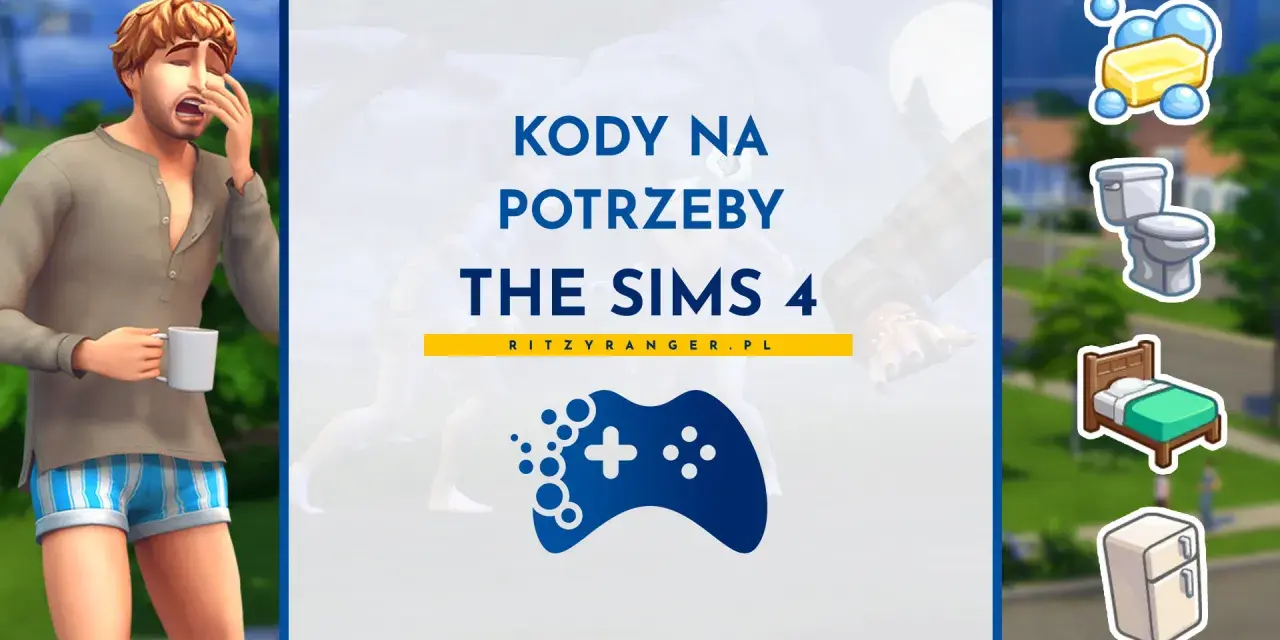 Kody na zaspokojenie potrzeb w The Sims 4. Zmęczony Sim z kubkiem kawy i ikony potrzeb: higiena, toaleta, sen, lodówka.