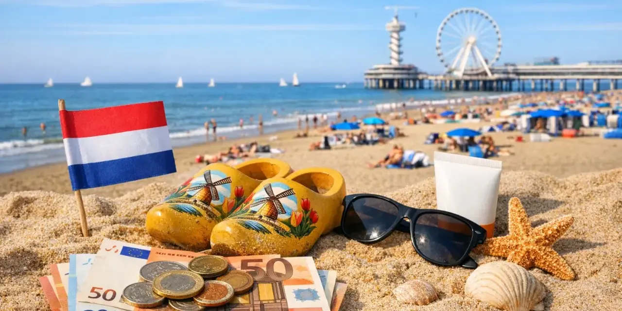 Holenderska flaga, drewniaki, pieniądze i okulary przeciwsłoneczne na plaży. Idealne wakacje w Holandii!