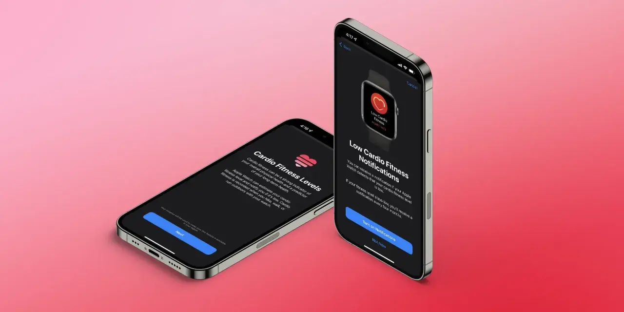 Apple Watch screens show how to improve VO2 max by tracking cardio fitness levels and receiving low cardio fitness notifications.