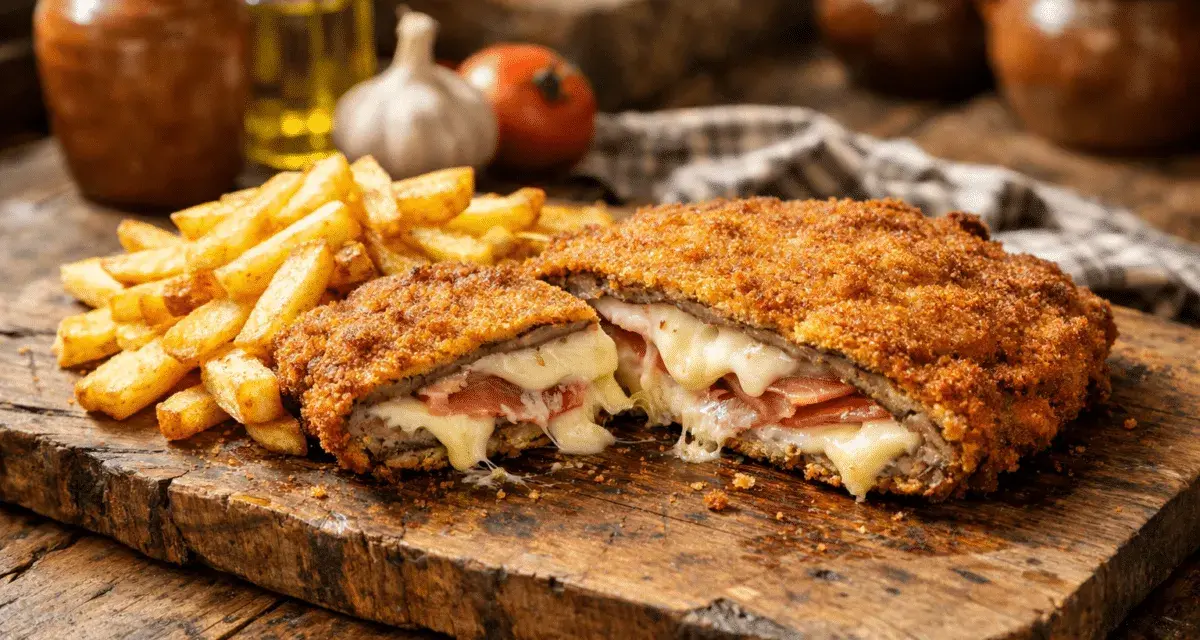 Cachopo jugoso, crujiente por fuera y relleno de jamón y queso fundido. Una deliciosa receta de cachopo, acompañada de patatas fritas.