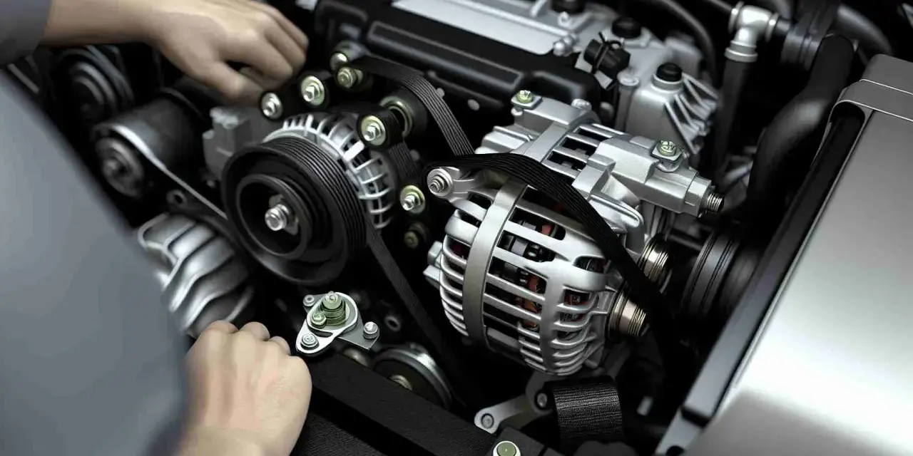 Hände am Motor, die Lichtmaschine ist sichtbar. Mögliche lichtmaschine defekt symptome sind hier zu sehen, wie ein lockerer Keilriemen.