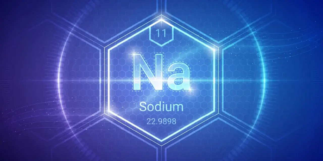 Symbol Na, liczba atomowa 11, nazwa Sodium (sód) i masa atomowa 22.9898 w centrum sześciokąta na tle technologicznym.