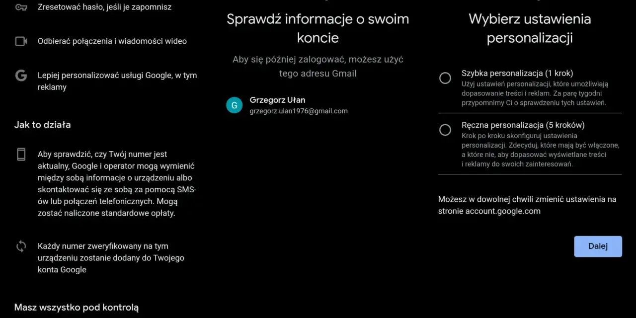 Ekran konfiguracji konta Google. Wybierz, jak założyć konto Google i spersonalizować ustawienia.