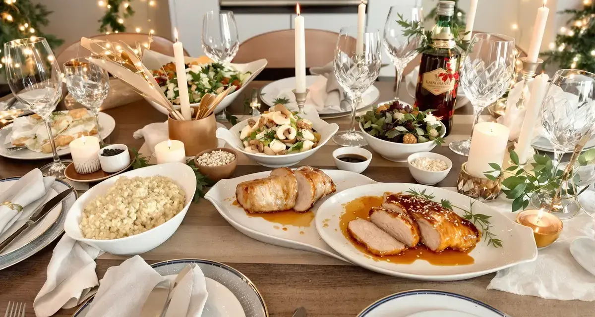 Mesa de Nochevieja con carnes asadas, ensaladas, velas y luces festivas.