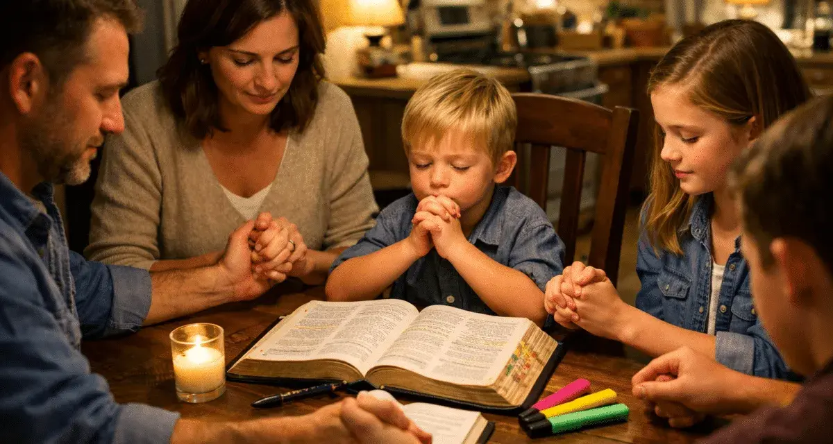 A family gathers for a meaningful family bible study, holding hands around an open Bible, with a candle casting a warm glow.