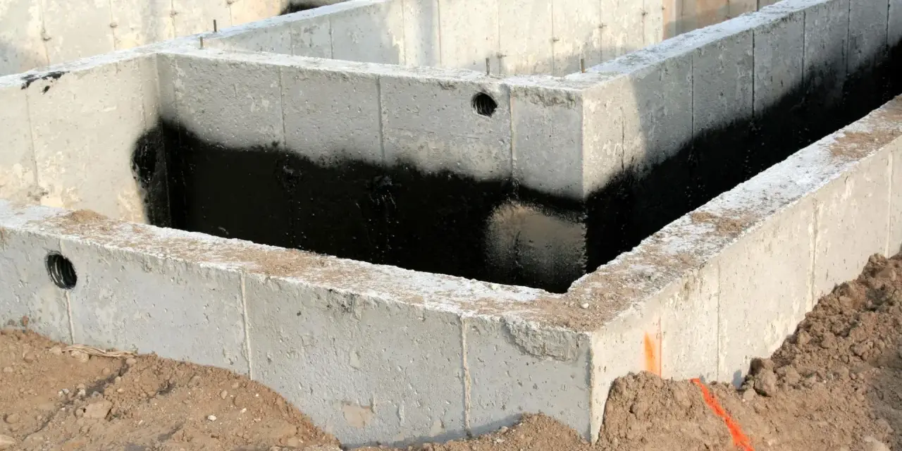 Surowe ściany fundamentowe z betonu, częściowo pokryte czarną izolacją przeciwwilgociową, otoczone ziemią.