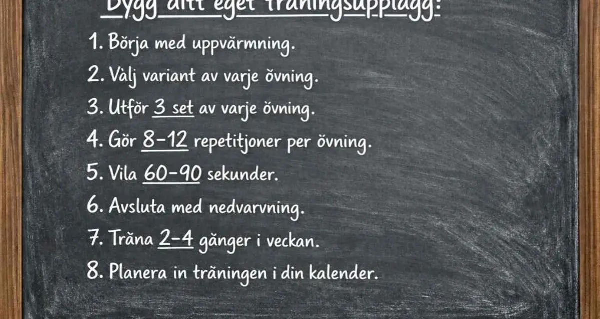 En svagt upplyst griffeltavla med en lista i vitt: "Bygg ditt eget träningsupplägg". Punkterna ger råd för att bygga muskler hemma, inklusive uppvärmning, set, repetitioner och vila.