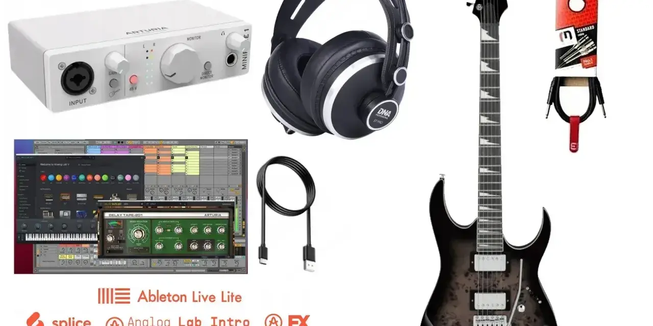 Zestaw do tworzenia muzyki: gitara, słuchawki, interfejs audio i oprogramowanie. Analogowe brzmienia i cyfrowe możliwości.