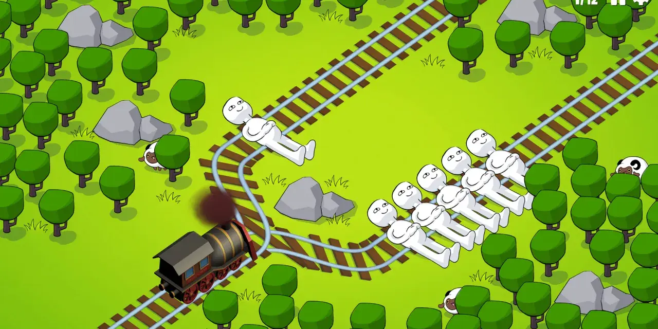 Un tren avanza por las vías en estos divertidos juegos de trenes. Figuras blancas yacen en las vías, ¡esperando ser rescatadas!
