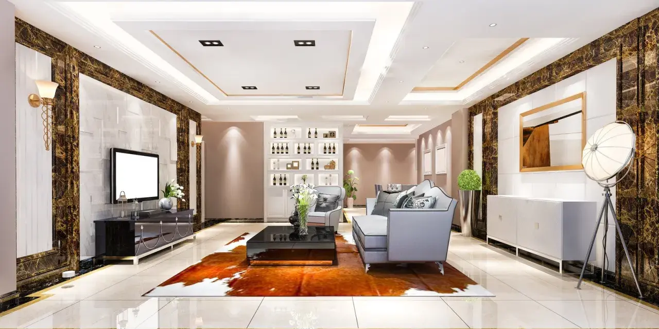 Elegancki salon w stylu art deco z marmurowymi akcentami, wygodną sofą i designerskim oświetleniem.