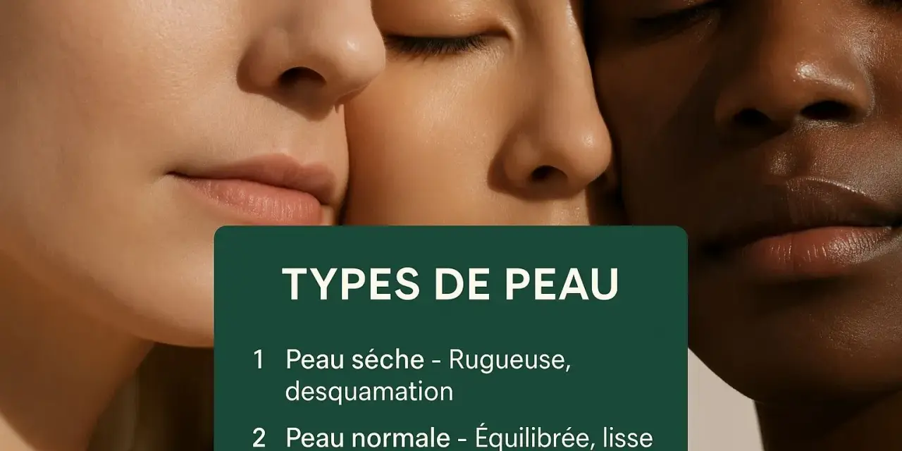 Trois visages aux teints variés se rapprochent. Une carte indique comment **connaître son type de peau** : sèche, normale ou grasse.