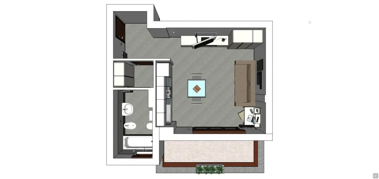 Pianta progetto casa 35 mq: bagno, cucina a vista, soggiorno con divano e tavolo, e un'area esterna pavimentata.