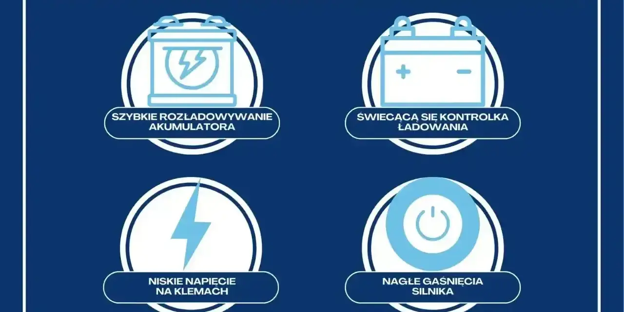 Objawy awarii alternatora w samochodzie: szybkie rozładowanie akumulatora, świecąca kontrolka ładowania, niskie napięcie na klemach, nagłe gaśnięcie silnika.