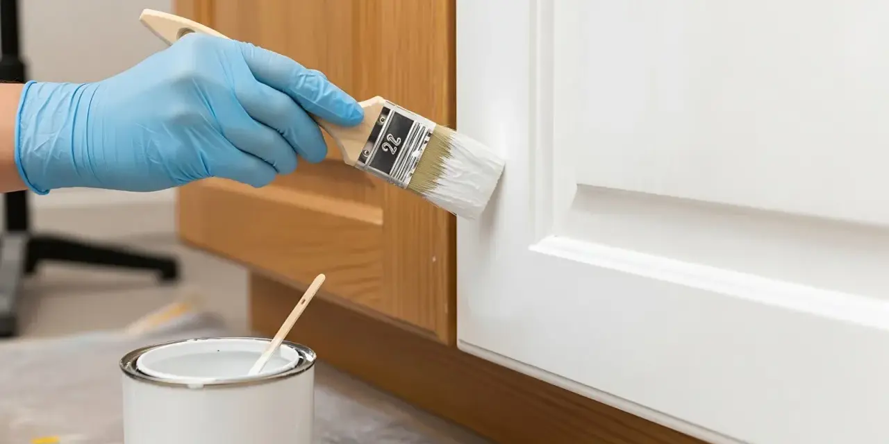 Mano con guanto blu dipinge una porta bianca con pennello. La pittura diluita è pronta per l'uso.